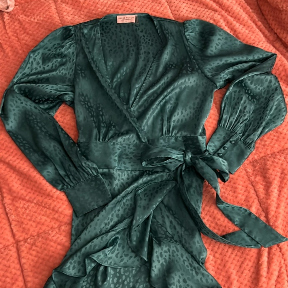 Green silky mini dress with wrap closure